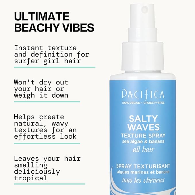 Pacifica Beauty, Salty Waves Texture Sea Salt Spray for Hair, Beachy Waves, Wavy Hair Products, Hydrating, Banana Scent, Curl Enhancing, Paraben Free, Sulfate Free, Vegan & Cruelty Free