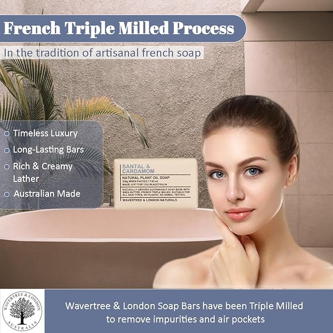 Wavertree & London Santal & Cardamon Scented Natural Soap Bars (2 Bars), 7oz Moisturizing French Triple Milled Soap enriched with shea butter - Plant Oil Bath & Body Soap Bars [100% Naturally derived]