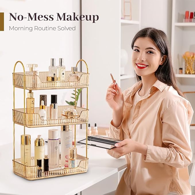 Bathroom Counter Organizer Countertop, 3 Tier Makeup Perfume Shelf Storage, Skincare Cosmetic Tray for Dresser Vanity - Gold