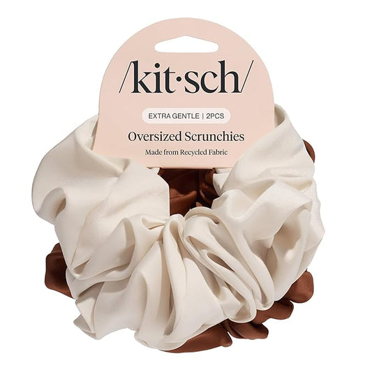 Kitsch Recycled Satin Oversized Scrunchies – Large Hair Scrunchies for Women, Eco-Friendly Hair Ties & Ponytail Holders | Ideal Gifts for Women - Camel & Cream, 2pc Set