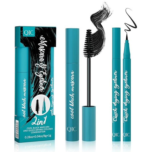 New Extension Mascara & Eyeliner Set, Black Volume and Length Mascara Waterproof Smooth Eyeliner, Smudge-proof Natural No Clumping Smudging Lasting All Day