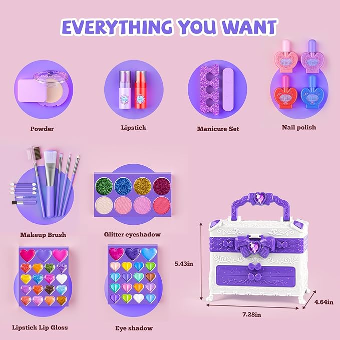 Kids Makeup Sets for Girls, 66pcs Real Cosmetic for Kids Toys with Mirror, Princess Washable Girls Makeup Kit, Non-Toxic & Safe Brithday Gifts for 3 4 5 6 7 8 10 - 12 Years Old（Light Purple）