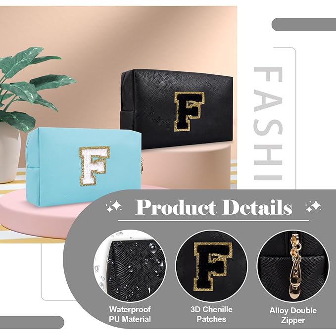 Personalized Initial A-Z Preppy Patch Makeup Bag,Small PU Chenille Letter Cosmetic Bag with Zipper for Teen Girls,Black Cute Toiletry Organizer Bag,Monogram Makeup Case Gift for Women Girls,Letter F