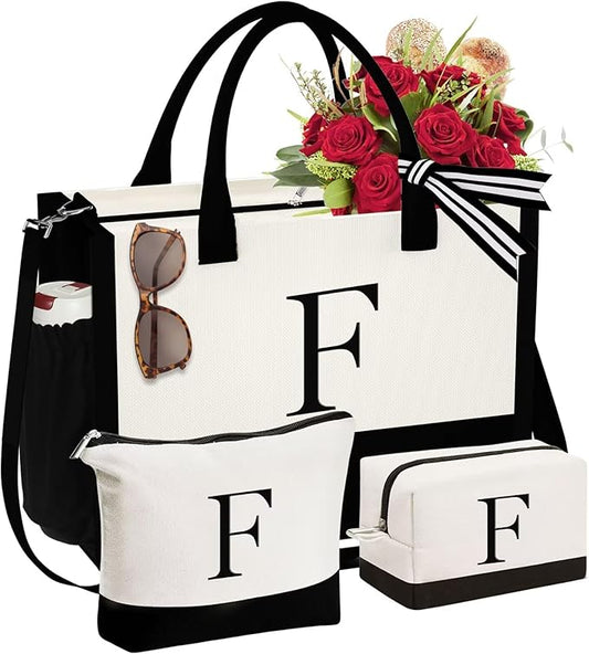 YOOLIFE Initial Canvas Tote Bag & Makeup Bag, Birthday Gifts for Women Mom Sister Friends, Bridesmaid Wedding Gifts