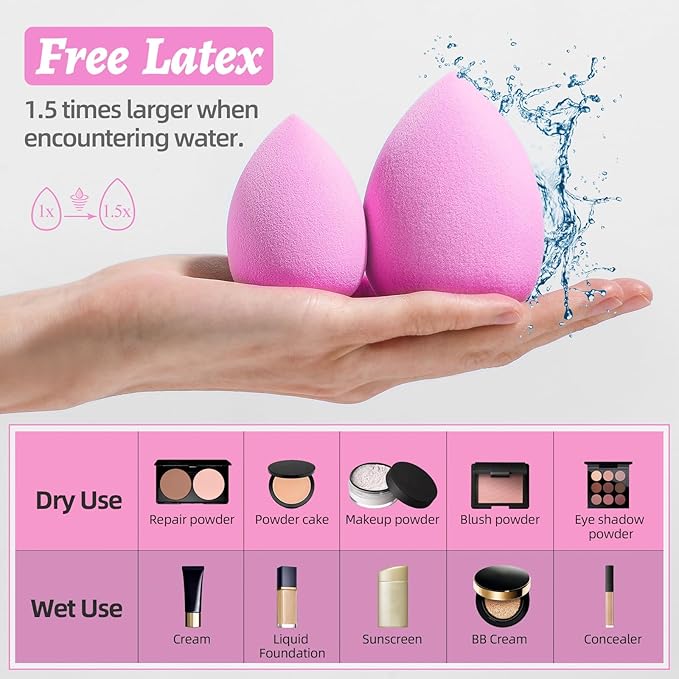 Makeup Sponge Set BS-MALL Blender Sponges 7 Pcs for Liquid, Cream, and Powder, Multi-colored with 1 Mini Makeup Sponge Pink (A-HotPink)