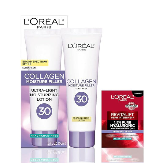 L'Oreal Paris Collagen Moisture Filler Face Cream with Broad Spectrum SPF 30, Anti-Aging Moisturizer and Daily Sunscreen, Includes Face Serum Sample