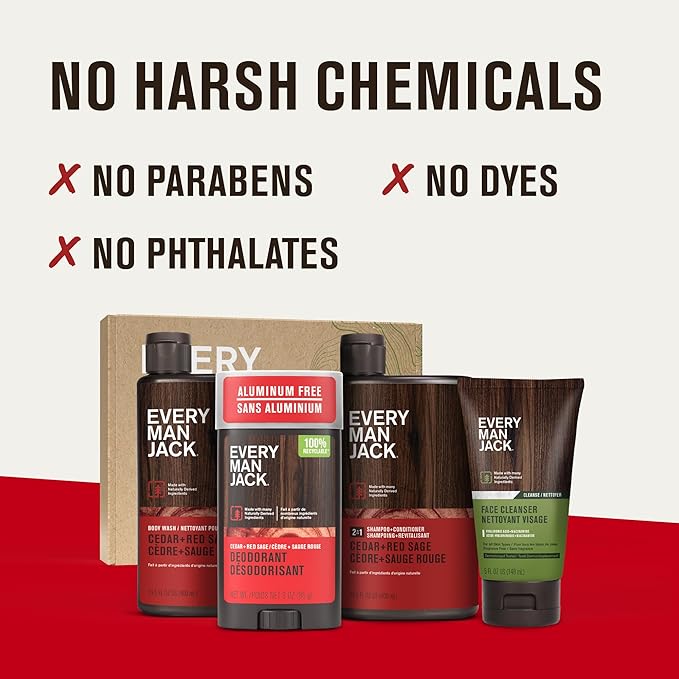 Every Man Jack Men’s Cedar + Red Sage Bath and Body Gift Set - Clean Ingredients & a Cedar, Sage, and Spice scent - Round Out His Routine with Men’s Body Wash, 2-in-1 Shampoo, Deodorant & Face Wash