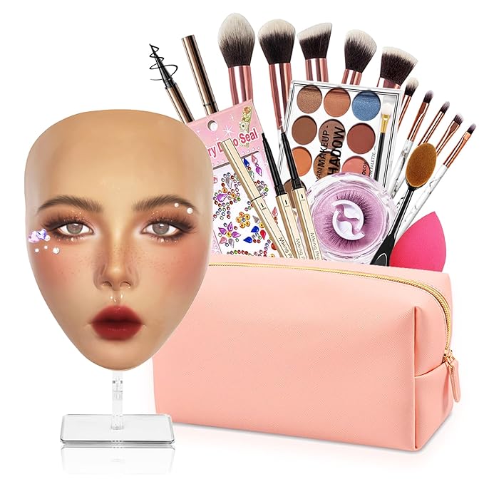 Makeup Practice Face Board, Silicone Makeup Mannequin Head for Facial Practice, Doll Head Makeup Kit for Girls, 5D Face Makeup Set, Doll Repainting Practice Makeup