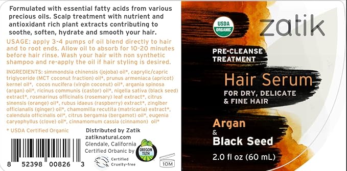 Zatik Naturals - Hair Serum with Argan & Black Seed Organic Oil Blend, For Curl enhancing, and fine hair, Vegan, Non-GMO, Free of Gluten, Soy, Alcohol - pH Balanced, Biodegradable, 2.0 fl oz, 60ml