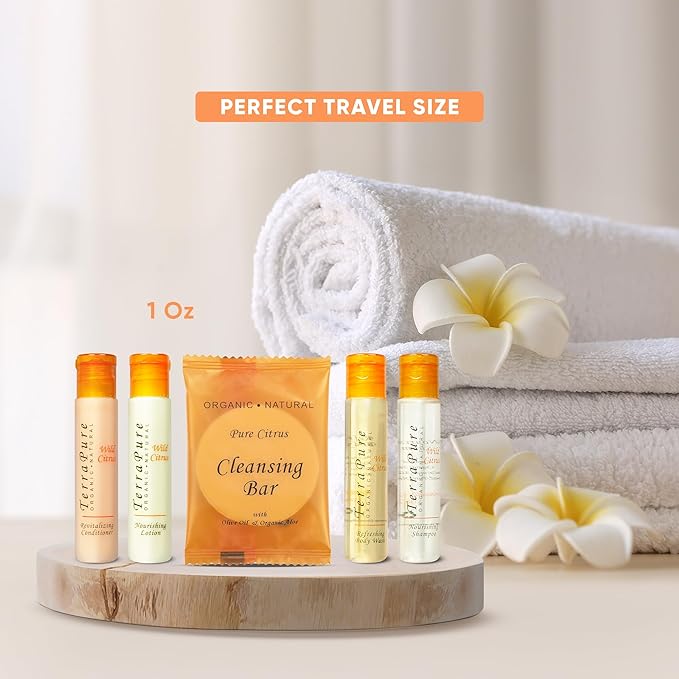 Terra Pure Wild Citrus Toiletries Set | 1-Shoppe Amenities Kit | 1oz Shampoo, Conditioner, Body Wash, Lotion, 1oz Bar Soap | 150 Pieces