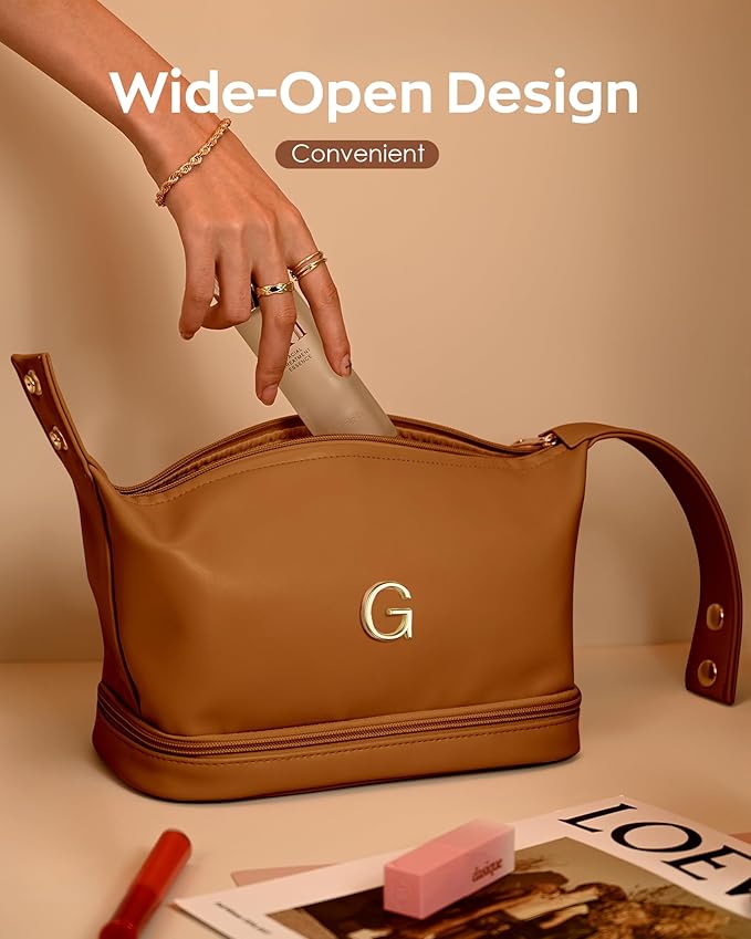 Gifts for Women 40s, Personalized Makeup Bag with Handle, Initial Double Layer Cosmetic Bag with Makeup Brush Organizer, Cute Cosmetic Pouch for Women, Gifts for Friends Female Mom