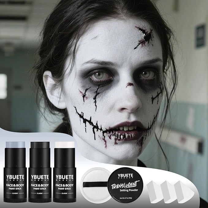 Black White Grey Face Body Paint Stick Set with Translucent Setting Powder and 3 Sponges, Professional Full Coverage Face Painting for Adults Halloween Cosplay SFX Skeleton Monster Makeup
