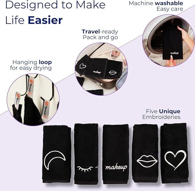 Black Makeup Washcloths for Face, 5-Pack Face Towels Reusable, 11.5 x 11.5, Gift-Ready Box, Viscose from Bamboo & Turkish Cotton