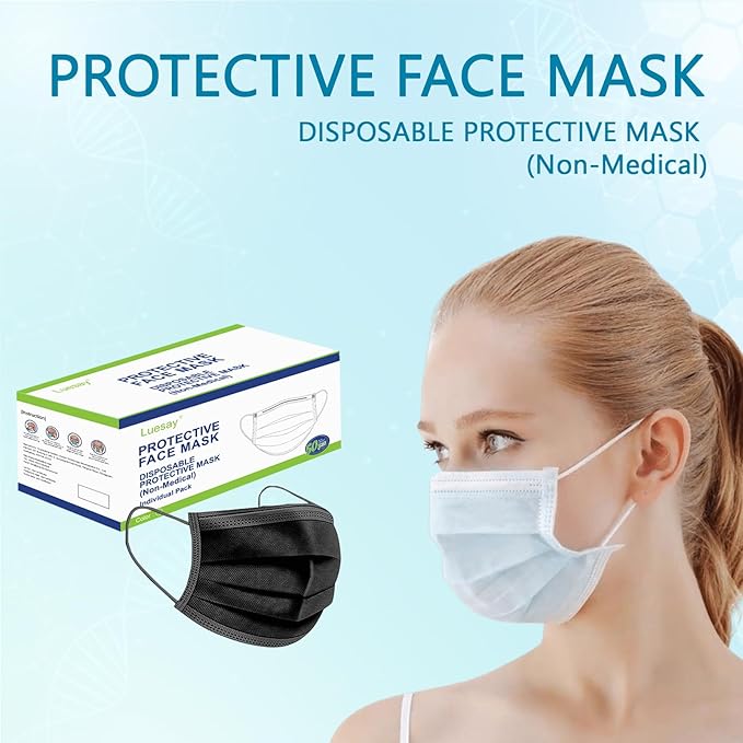 50PCS Disposable Masks Individually Packed 3-Layer Protection Suitable for Adults Elderly and Children.