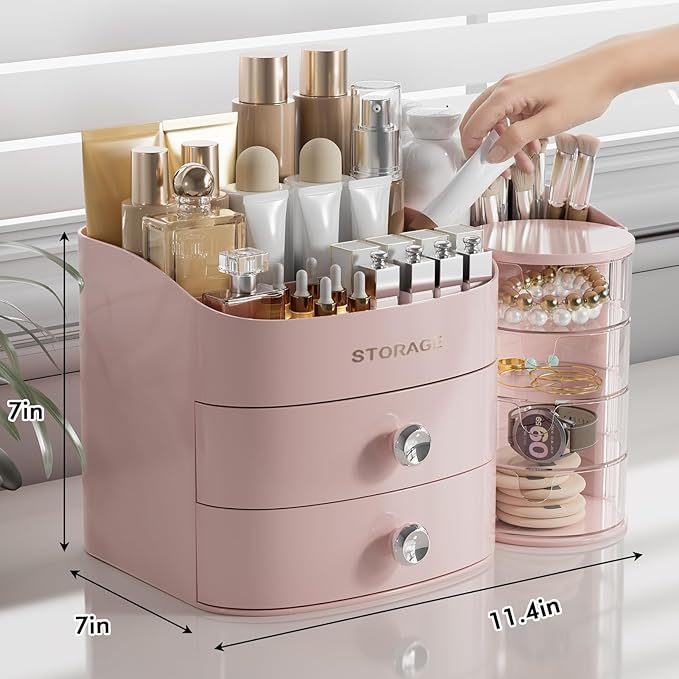 Makeup Organizer Countertop with Drawers, Make up Organizers for Vanity, Skincare Jewelry Earring Organizers, Cosmetic Display Cases Makeup Storage for Bedroom & Bathroom, Ideal Gifts for Women(Pink)