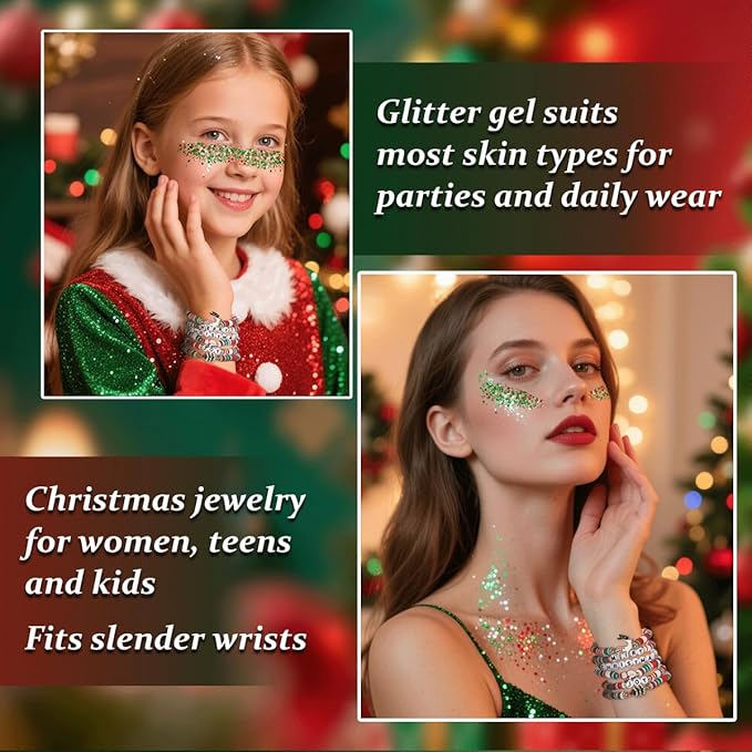 Go Ho Christmas Body Hair Face Glitter Gel and 6PCS Bracelets Kit,Christmas Glitters Face Paint,Colorful Sequins Chunky Reflective Face Glitter Christmas Bracelets Makeup Set,