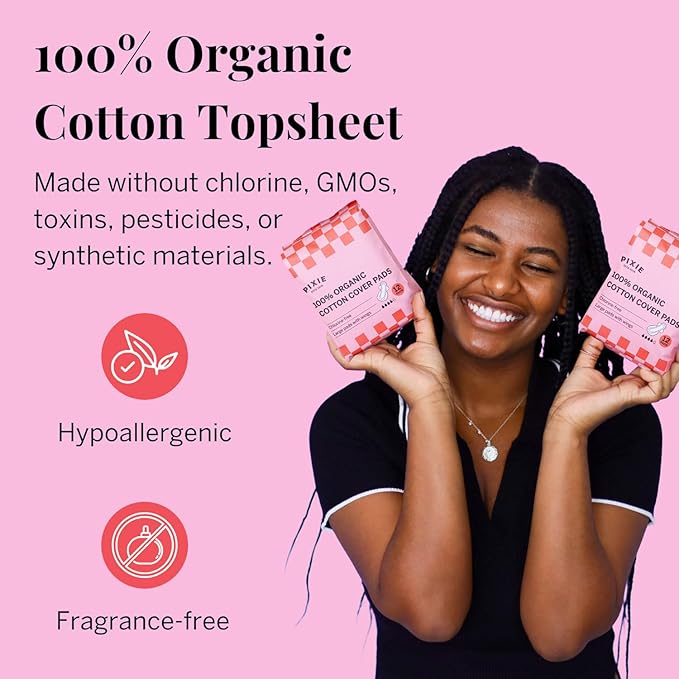 Pixie Organic Cotton Large Pads for Women - Maximum Protection When You Need It - Extra Heavy Absorbency with Wings - Leak-Proof, Hypoallergenic & Unscented - Compostable, Biodegradable - 12 Count