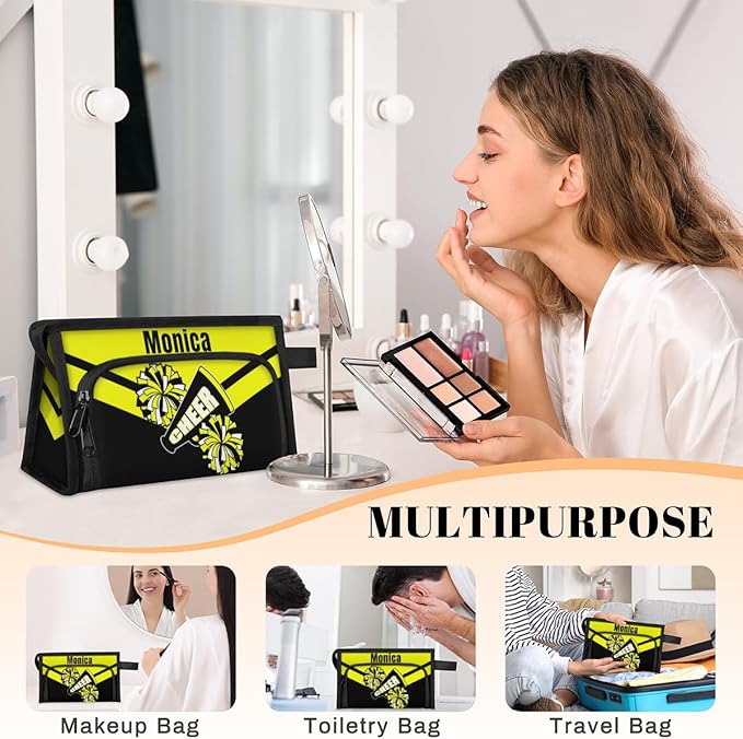 Custom-Makeup-Bag Personalized Travel Toiletry Bag Text Customized Cheer Makeup Bags Cosmetic Bags for Women With Divider & Handle Yellow
