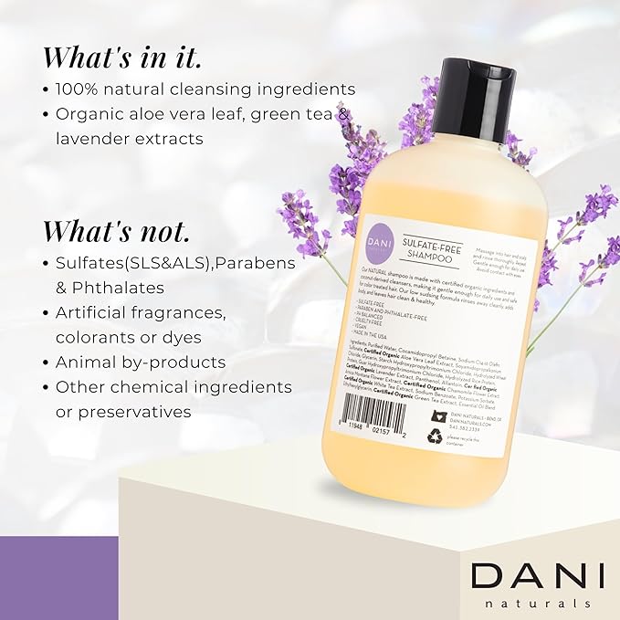 DANI Naturals Shampoo - Lemongrass Lavender - Calming for the scalp; Scalp redness reduction; Reduces dandruff & dryness, 12 oz