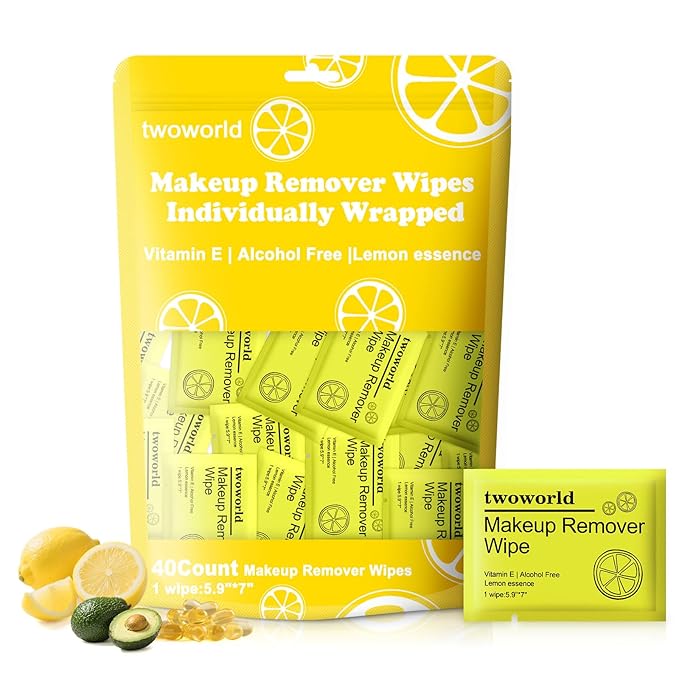 Makeup Remover Wipes Bulk Individually Wrapped,Travel Makeup Wipes Gentle for Face Cleansing Mascara Lipstick Travel Hotel（lemon,pack of 40)