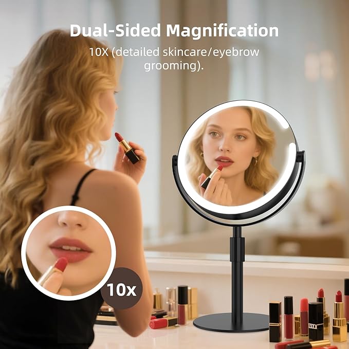 Makeup Mirror with Lights, 8" Double Sided 1x/10x Magnifying Vanity Mirror with 3 Color Lights, Rechargeable, 360° Rotation and Adjustable Height, Gift for Women Her