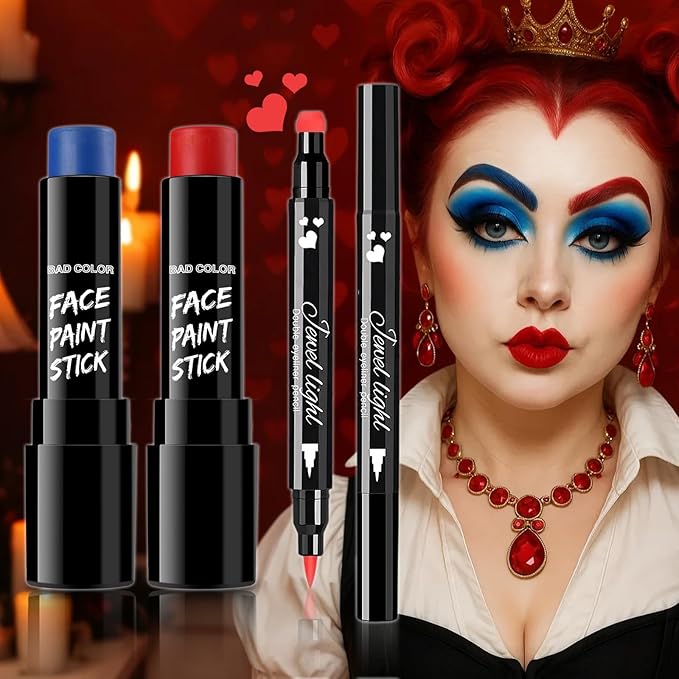 BADCOLOR 3PCS Red Blue Face Body Paint Stick Makeup for Harley/Joker SFX Cosplay & Dress Up, Red Liquid Eyeliner Stamp Pen for Clown Costume Cosplay