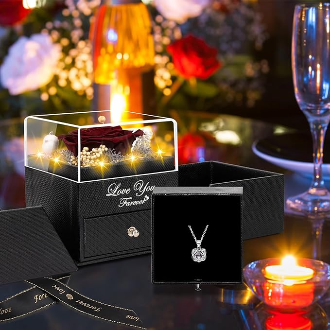 Preserved Wine Red Real Rose with Heart I Love You Necklace -Eternal Flowers Rose Birthday Gifts for Women Her Mom Wife Girlfriend Grandma on Valentines Mothers Day Christmas Anniversary Romantic