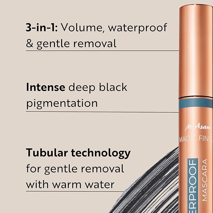 M. Asam MAGIC FINISH Waterproof Mascara Deep Black (0.41 Fl Oz), Mascara Volume and Length with Argan Oil, Easy Removal with 100.4 °F warm water, Vegan