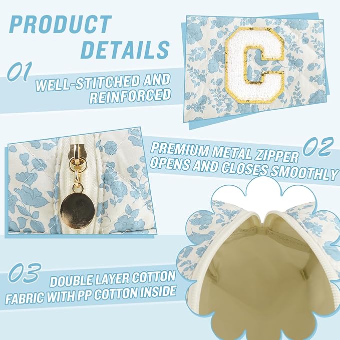 Personalized Quilted Cosmetic Bag, Puffy Monogrammed Christmas Birthday Gifts for Women & Girls, Cute initial Floral Makeup Bag Puffer Coquette Bag, Aesthetic Travel Toiletry Zipper Pouch(Blue,C)