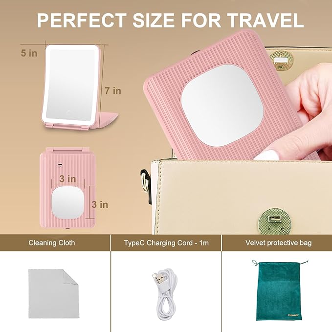 Mocado Travel Makeup Mirror with Light, 1x/10x Magnifying Mirror with Light, 3 Colors Lighted Magnifying Mirror, 2000mAh Rechargeable Lighted Makeup Mirror, Dimmable Touch, Memory Function (Pink)