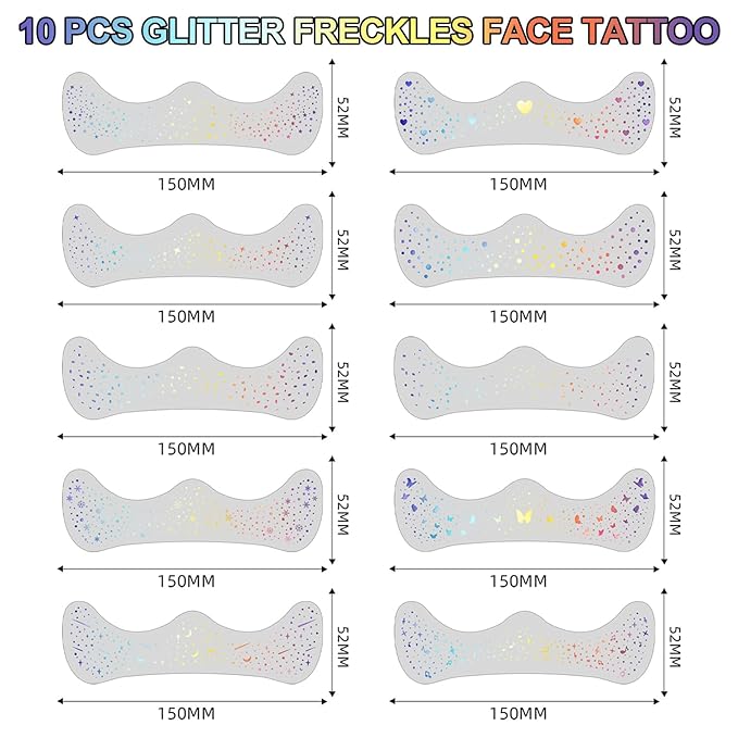 10Pcs Face Makeup Patches, Glitter Freckles Face Tattoo for Teenagers & Young Women, Sparkle Freckles Makeup Patches, Waterproof Face Glitter Freckles for Christmas (10PcsA Holographic Multicolor)