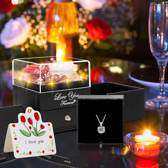 2 Preserved Real Rose with Heart I Love You Necklace- Eternal Rose Birthday Gifts for Women Wife Girlfriend Her Mom on Festivals Gifts Christmas Valentines Mothers Day Anniversary-Peach Pink White