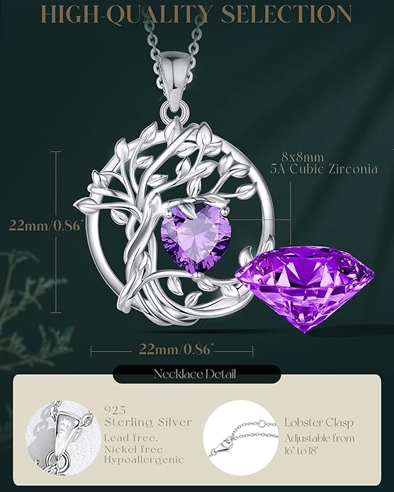 FANCIME Tree of life Birthstone necklace Sterling Silver Pendant Birthstone Necklace Gemstone Anniversary Birthday Jewelry Christmas Gifts for Mom Her Wife