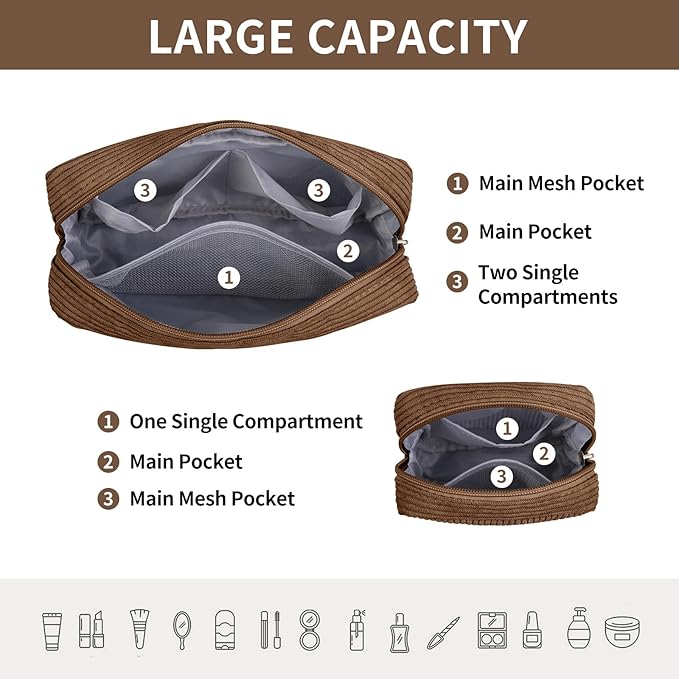 MAGEFY Small Makeup Bag for Purse Mini Cosmetics Bag Corduroy Cute Cosmetic Pouch for Women with Slip-in Pockets