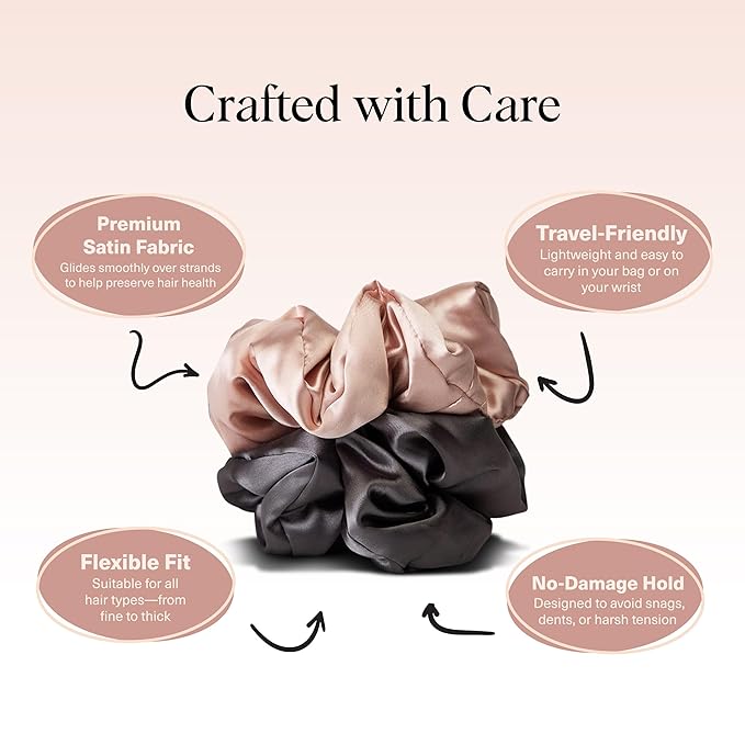 Kitsch Satin Hair Scrunchies for Women, Softer Than Silk Scrunchies for Hair - No Damage Satin Hair Ties, Ponytail Holders, 2pc (Blush/Charcoal)