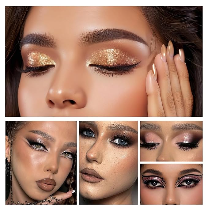 4-in-1 Eye Makeup Kit 4 Colors Eyeshadow Palette Black Liqiud Eyeliner with Stamp and Double-headed Brown Eyebrow Pencil Set for Women Beginners Gift (03)