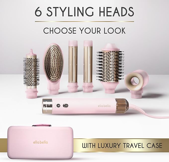 ELLA BELLA® 6 in 1 Professional Hot Air Styler • Powerful Hair Dryer & Straightener Set • Styling Without Heat Damage • Fast Drying Curling Volumizing Straightening • Protective Travel Case (Pink)