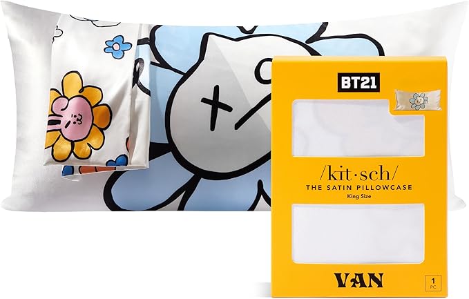 Kitsch x BT21 (Van) Satin Pillowcase with Zipper for Hair & Skin - Softer Than Silk Pillow Cases, Smooth Cooling Pillow Cover, Wrinkle-Free, Machine Washable, King Size (19x36)