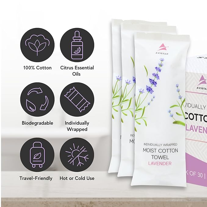 30 Hot or Cold Wrapped Moist Towels – 9'' x 9" Moist Towelettes Individually Wrapped Scented Disposable Face & Hand – Pre-Moistened Hand Wipes Soft Refreshing for Travel, Spa, Restaurant - Lavender