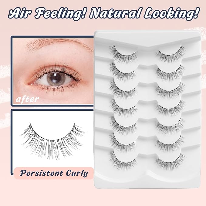 Natural Lashes Eyelashes Wispy 10MM Short Lashes Thin Band Strip Lashes 3D Volume Lashes False Eyelashes C Curl Soft Lash Pack 7 Pair Siligli