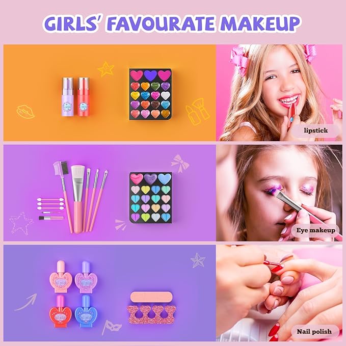 Kids Makeup Sets for Girls, 66pcs Real Cosmetic for Kids Toys with Mirror, Princess Washable Girls Makeup Kit, Non-Toxic & Safe Brithday Gifts for 3 4 5 6 7 8 10 - 12 Years Old（Pink Black）