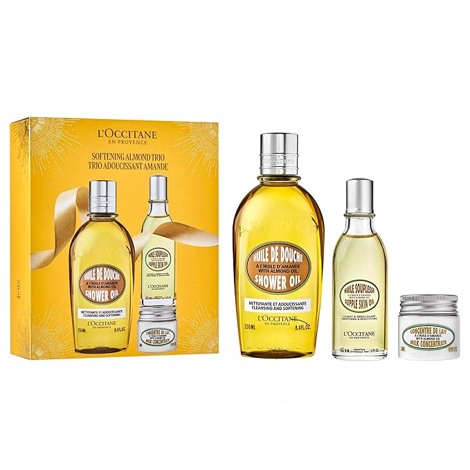 L'OCCITANE Softening Almond Trio Gift Set: Best Holiday Gift Set with Almond Shower Oil Body Wash, Moisturizing Milk Concentrate, Softening Supple Skin Oil