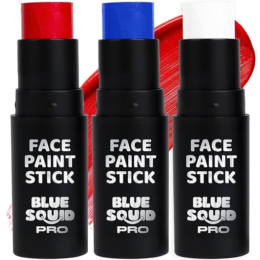 Blue Squid PRO Red White Blue Face Paint Stick - Waterproof Body Paint For Adults & Kids Eye Black Baseball, Eyeblack Softball - Hypoallergenic Twist-Up Non-Toxic Makeup Stick - Cosplay, Sports & SFX