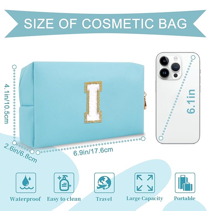 Small Personalized Initial A-Z Preppy Patch Makeup Bag,PU Chenille Letter Travel Cosmetic Pouch with Zipper,Blue Cute Toiletry Bag,Gift Ideal for Teen Girls Women Teacher Bridesmaid,Letter I