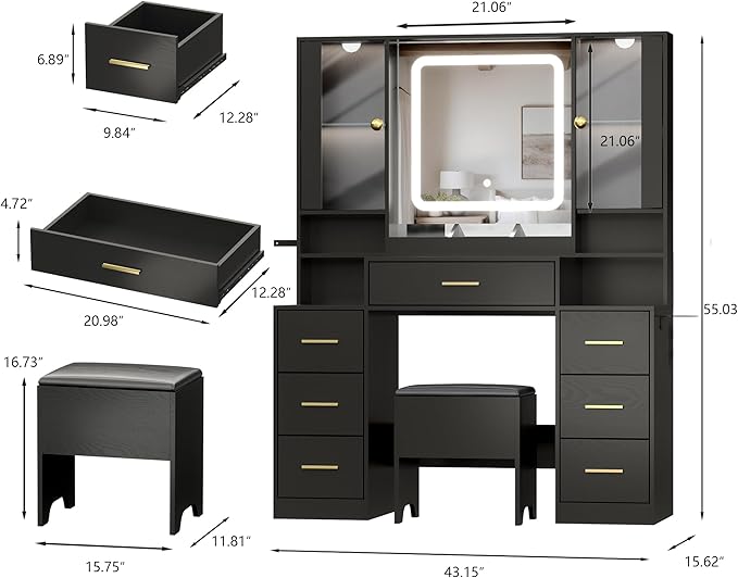 Makeup Vanity with LED Light Strip Mirror and Chair, 7 Drawers & 2 RGB Cabinets Black Vanity Makeup Desk with Power Strip, Adjustable LED Lighting, and Cushioned Stool for Women, Girls, Teens