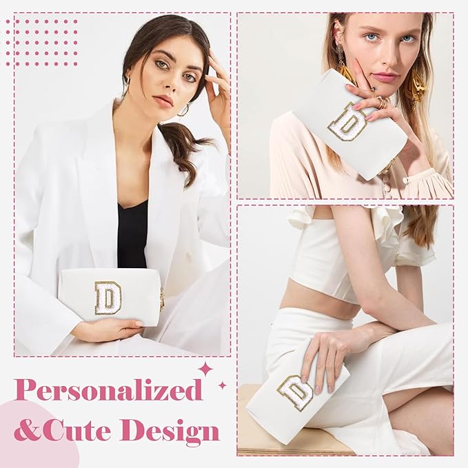 Small Personalized Initial A-Z Preppy Patch Makeup Bag,White PU Chenille Letter Travel Cosmetic Pouch with Zipper,Cute Toiletry Bag,Gift Ideal for Teen Girls Women Teacher Bridesmaid,Letter D