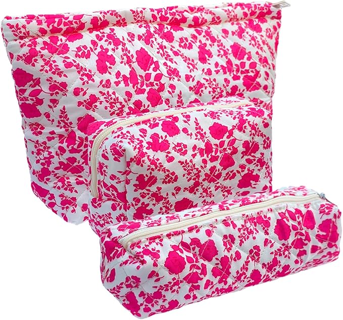 3 Piece Rose Red Quilted Floral Makeup Bag Set Small Cosmetic Bag For Women Cute Cotton Makeup Pouch For Purse