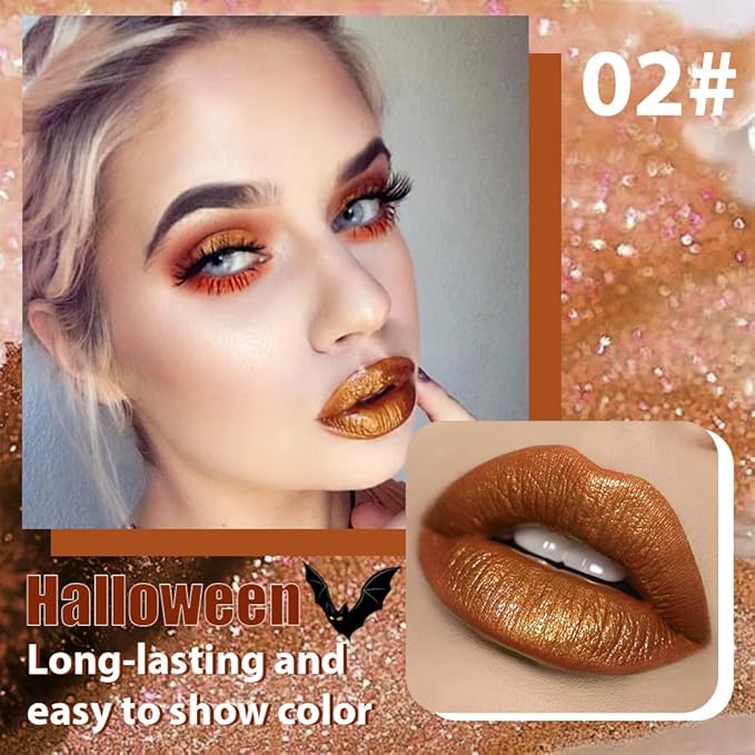 Golden Brown Metallic Lipstick for Women,Glitter Sparkling Liquid Lipstick,Long Lasting Waterproof Lightweight Comfortable Non-Drying Bold Dark Lip Gloss for Gothic Stage Makeup,Vegan