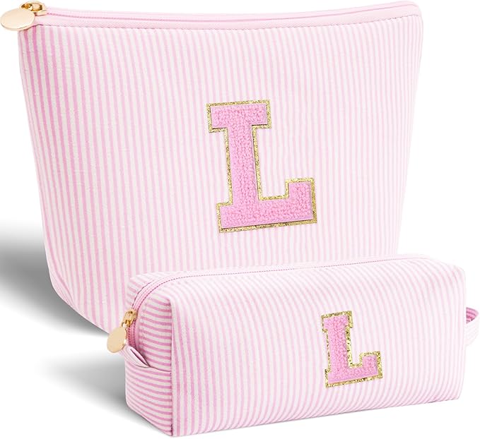 Dance Recital Gifts for Girls - Cosmetic Bag for Teen,Initial Cute Makeup Bag Set for Women,Trendy Pouch for Niece Sister Friend Female Her,Birthday Gifts for Daughter - Pink,L