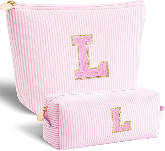 Dance Recital Gifts for Girls - Cosmetic Bag for Teen,Initial Cute Makeup Bag Set for Women,Trendy Pouch for Niece Sister Friend Female Her,Birthday Gifts for Daughter - Pink,L